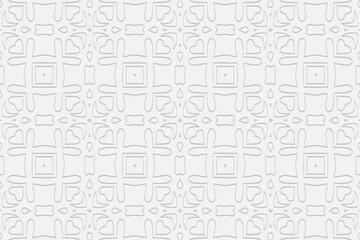 3d volumetric convex geometric white background. Eastern Islamic, Moroccan style. Ornament with ethnic relief pattern. Elegant wallpapers for presentations, websites, textiles, coloring.
