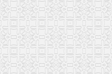 3d volumetric convex geometric white background. Eastern Islamic, Moroccan style. Ornament with ethnic relief pattern. Elegant wallpapers for presentations, websites, textiles, coloring.
