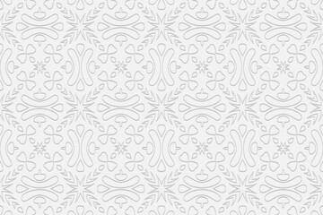 3d volumetric convex geometric white background. Eastern Islamic, Moroccan style. Ornament with ethnic relief pattern. Minimalist wallpapers for presentations, textiles, coloring.