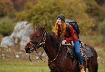 Foto op Canvas pretty woman in nature walk fun horse with travel © SHOTPRIME STUDIO