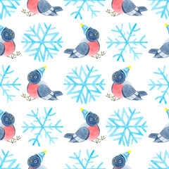 Pattern with bullfinches and snowflakes.