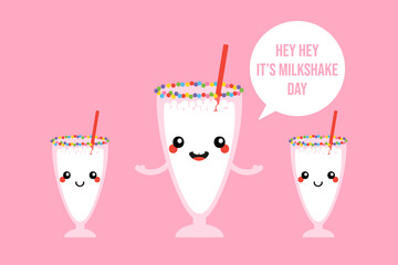 National Vanilla Milkshake Day greeting card, illustration with cute cartoon style milkshakes with straw characters and speech bubble. June 20.
