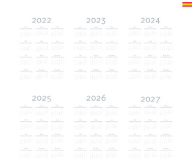 Fototapeta premium Spanish calendar 2022, 2023, 2024, 2025, 2026, 2027 on white background, week starts on Monday