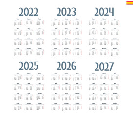 Spanish calendar 2022, 2023, 2024, 2025, 2026, 2027 on white background, week starts on Monday