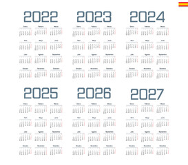 Spanish calendar 2022, 2023, 2024, 2025, 2026, 2027 on white background, week starts on Monday