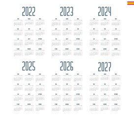 Spanish calendar 2022, 2023, 2024, 2025, 2026, 2027 on white background, week starts on Monday