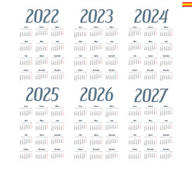 Spanish calendar 2022, 2023, 2024, 2025, 2026, 2027 on white background, week starts on Monday