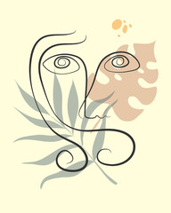 Abstract poster with minimal face of a woman, tropical leaves.Single line drawing style.