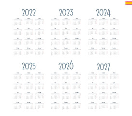 Spanish calendar 2022, 2023, 2024, 2025, 2026, 2027 on white background, week starts on Monday