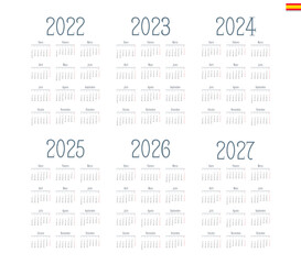 Spanish calendar 2022, 2023, 2024, 2025, 2026, 2027 on white background, week starts on Monday