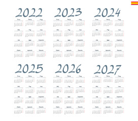 Spanish calendar 2022, 2023, 2024, 2025, 2026, 2027 on white background, week starts on Monday