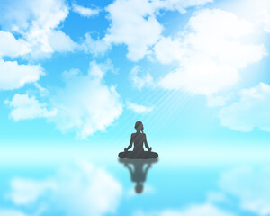 3D female in yoga position against blue cloudy sky