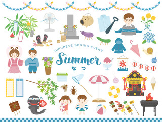 日本の夏のイベント　イラスト素材セット