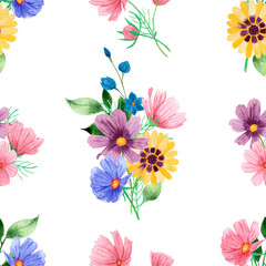 Watercolor seamless pattern with summer colorful flowers on a white background, hand-drawn. For textile, greeting card, wrapping paper, wedding invitations.