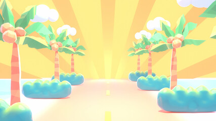 Fototapeta na wymiar Cartoon summer tropical island road trip. 3d rendering picture.