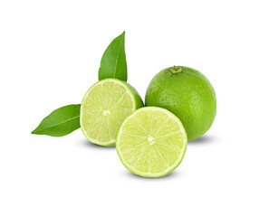 Fresh lime and leaf on white background