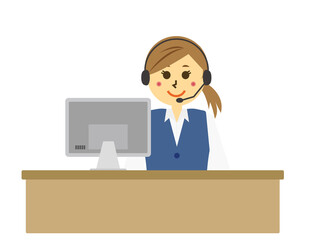 ヘッドセットを付けたテレフォンオペレーターのベクターイラスト　女性
