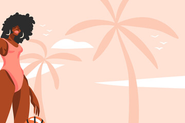 Fototapeta na wymiar Hand drawn vector abstract stock flat graphic illustration with young ,happy black afro american beauty woman in swimsuit on sundown view scene on the beach isolated on pink pastel background.