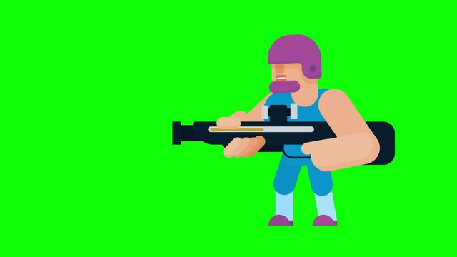 A young man wearing a helmet is firing two shots at a time. Shooting game character. Animation video clip with green background.