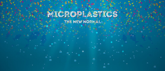 Fishes feeding on the micro plastics in the seas. Concept for microplastics causing water pollution. Plastic single-use polypropylene items debris falling in the deep ocean. - obrazy, fototapety, plakaty