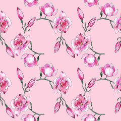 Watercolor illustration. Seamless pattern of pink magnolia flowers on a pink background