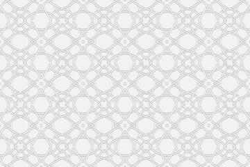 3d volumetric convex geometric white background. Eastern Islamic, Moroccan style. Ornament with ethnic embossed beautiful pattern.Modern wallpaper for presentations, textiles, stained glass.

