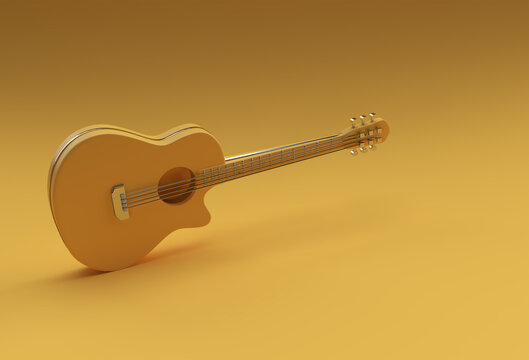 3D Render Acoustic Guitar on yellow background 3d illustration Design.
