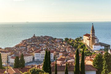 Historical town of Piran shot at sunset. Slovenia, Europe.
