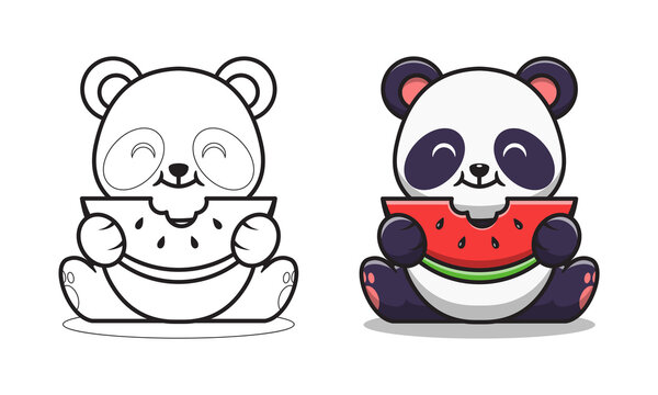 Cute panda eating watermelon cartoon coloring pages for kids