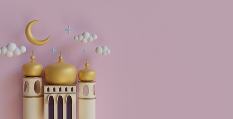 Islamic background decoration with the style of the mosque, crescent moon, ramadhan kareem, maulid, iftar, isra miraj, eid al-fitr adha, muharram, copy space text, 3D illustrations.