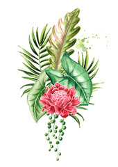 Leaves and flowers of exotic tropical or jungle plants bouquet Watercolor hand drawn illustration, isolated on white background