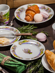 breakfast on a table baguette on a plate