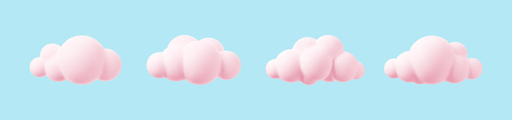 Pink 3d clouds set isolated on a blue background. Render magic sunset clouds icon in the blue sky. 3d geometric shapes vector illustration