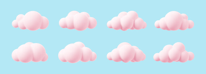 Pink 3d clouds set isolated on a blue background. Render magic sunset clouds icon in the blue sky. 3d geometric shapes vector illustration © janevasileva