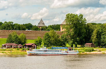 View of the Kremlin of Veliky Novgorod from the walking bridge over the Volkhov River.