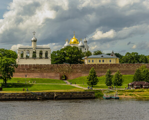 View of the Kremlin of Veliky Novgorod from the walking bridge over the Volkhov River.