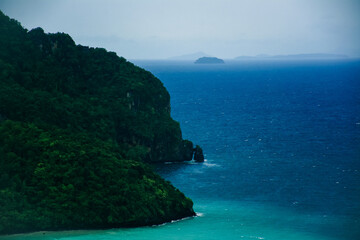 Sea coast from high place in Phi Phi island, Krabi Thailand, Southeast Asia. Beautiful seascape view background.