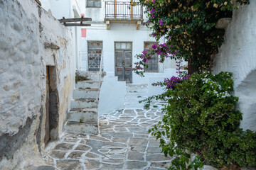 Narrow street of the old town with, Lefkes, Paros Island, Greece.