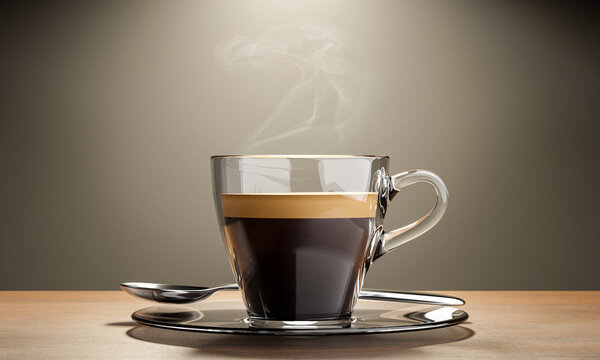 Espresso in glass cup with smoke on wood floor. 3d Rendering.