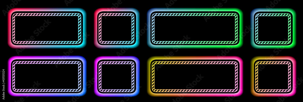 Aufkleber Set of buttons soft colorful frames in neon colors with striped pattern, modern buttons collection oval rectangle shapes on black background, vector illustration.
