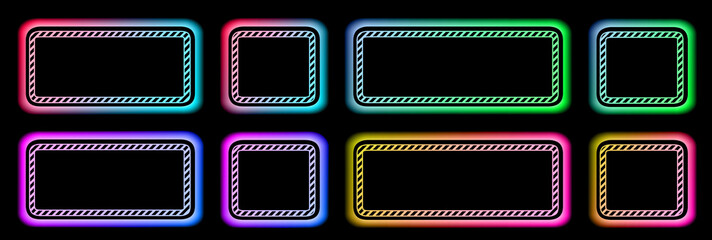 Set of buttons soft colorful frames in neon colors with striped pattern, modern buttons collection oval rectangle shapes on black background, vector illustration.