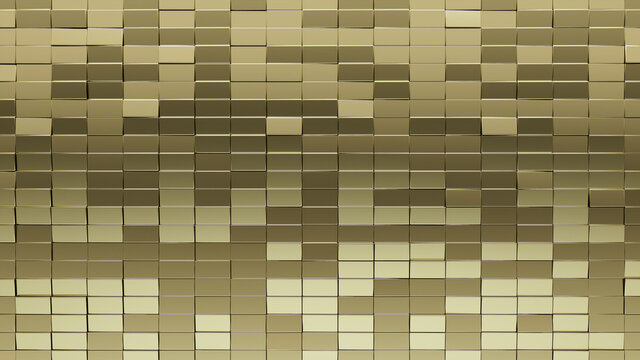 Gold, Rectangle Mosaic Tiles arranged in the shape of a wall. 3D, Glossy, Bullion stacked to create a Polished block background. 3D Render