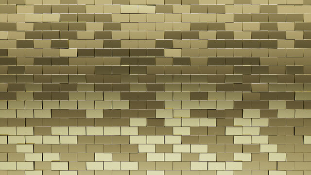 Glossy, 3D Mosaic Tiles arranged in the shape of a wall. Gold, Rectangle, Bullion stacked to create a Polished block background. 3D Render