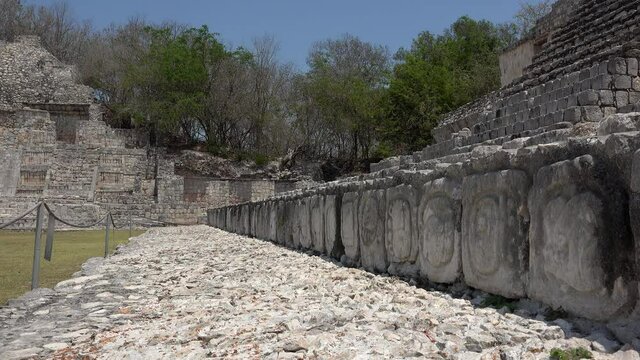 Glyphs engraved on steps of Five Stories Temple. Edzna, Campeche, Mexico