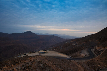 A view of the majestic Jebel Jais mountain in Ras Al Khaimah, United Arab Emirates from the highest viewing area.