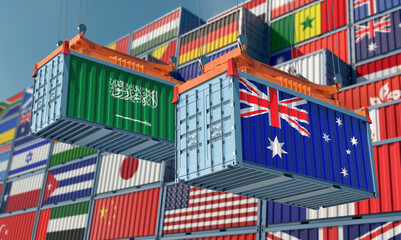 Freight containers with Australia and Saudi Arabia national flags. 3D Rendering 