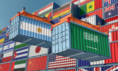 Freight containers with Saudia Arabia and Argentina national flags. 3D Rendering 