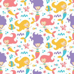 Seamless cute vector marine pattern with mermaids, fish, seaweed, seabed under the sea