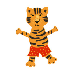 Fototapeta na wymiar Cute vector graphic little tiger. Chinese 2022 year symbol. Year of tiger. Cartoon mascot. Smiling adorable character. Orange illustration of wild exotic animal isolated on white background.