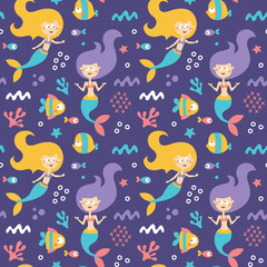 Seamless cute vector marine pattern with mermaids, fish, seaweed, seabed under the sea